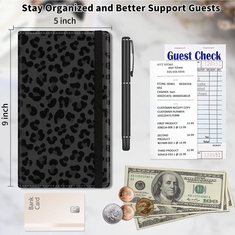 SDDFRHGH Server Book,Waitress Book,5x9 Inch Server Books for Waitress & Waiter, Cute PU Leather Serving Book Guest Check Presenters Organizer with Zipper Pocket + Elastic Band- Black leopard print - Image 2