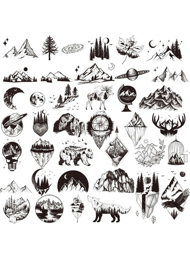 Ooopsiun 30 Sheets Small Black Mountain Planet Temporary Tattoos for Men Women - Unique Realistic Waterproof Forest Triangle Designs Body Art Tattoos for Adults - Image 1