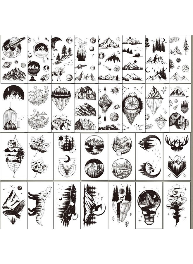 Ooopsiun 30 Sheets Small Black Mountain Planet Temporary Tattoos for Men Women - Unique Realistic Waterproof Forest Triangle Designs Body Art Tattoos for Adults - Image 2