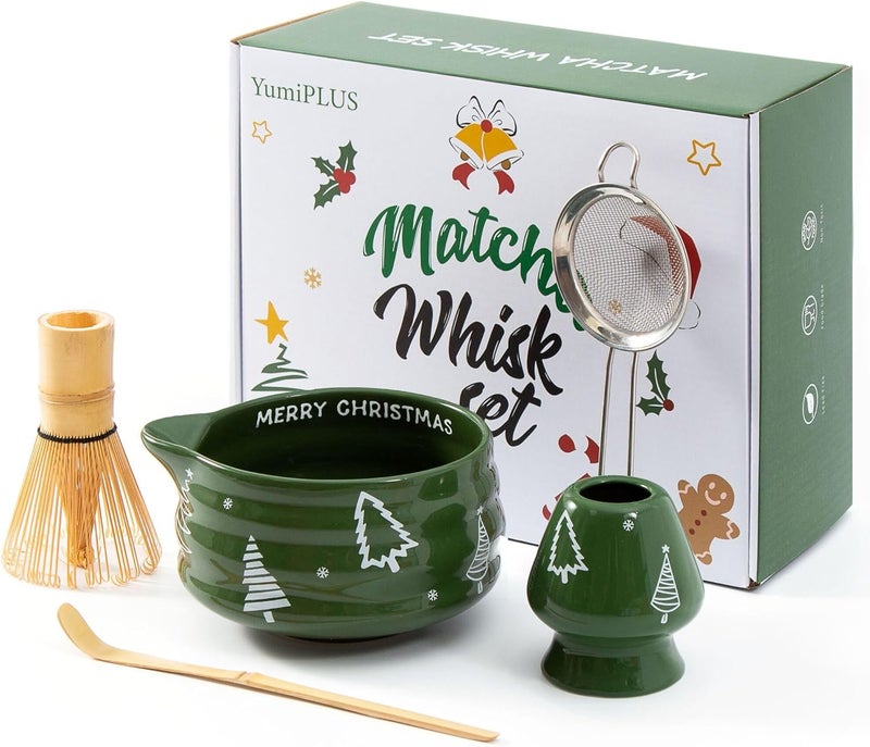 YumiPLUS 5pcs Premium Matcha Set,Ceramic Bowl with Spout and Bamboo Whisk set, Ceremonical Matcha Kit for holiday,Tea Starter Making Kit,Christmas Matcha Gift set (Christmas Tree) - Image 1