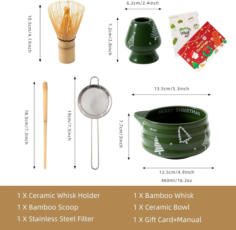 YumiPLUS 5pcs Premium Matcha Set,Ceramic Bowl with Spout and Bamboo Whisk set, Ceremonical Matcha Kit for holiday,Tea Starter Making Kit,Christmas Matcha Gift set (Christmas Tree) - Image 5