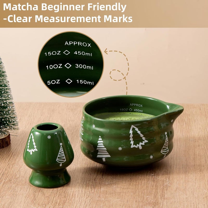YumiPLUS 5pcs Premium Matcha Set,Ceramic Bowl with Spout and Bamboo Whisk set, Ceremonical Matcha Kit for holiday,Tea Starter Making Kit,Christmas Matcha Gift set (Christmas Tree) - Image 3