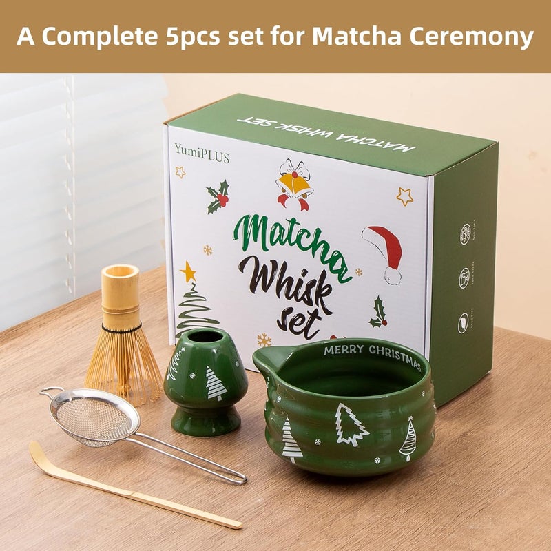 YumiPLUS 5pcs Premium Matcha Set,Ceramic Bowl with Spout and Bamboo Whisk set, Ceremonical Matcha Kit for holiday,Tea Starter Making Kit,Christmas Matcha Gift set (Christmas Tree) - Image 2