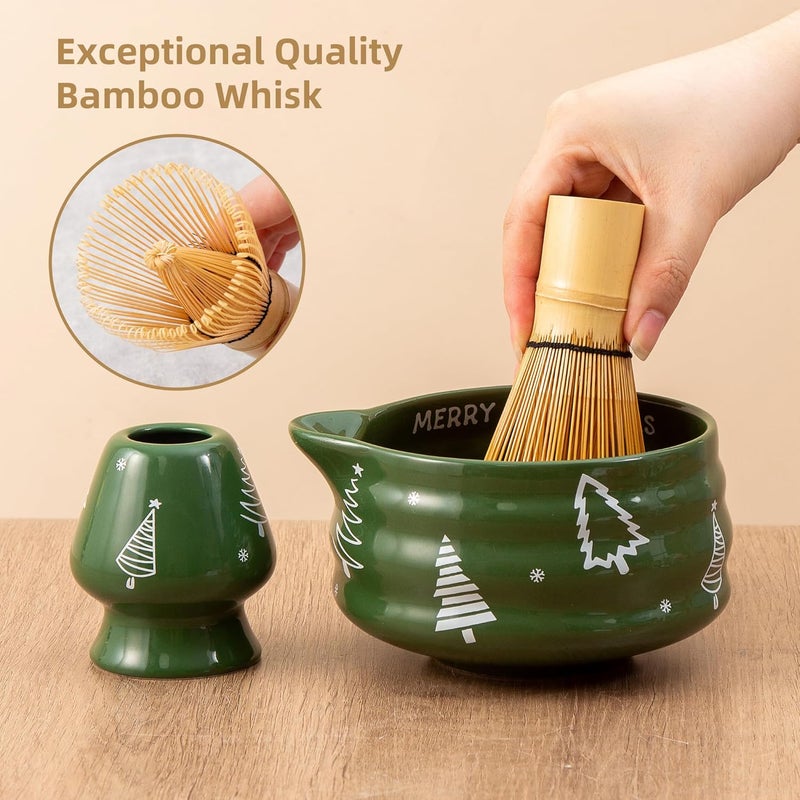 YumiPLUS 5pcs Premium Matcha Set,Ceramic Bowl with Spout and Bamboo Whisk set, Ceremonical Matcha Kit for holiday,Tea Starter Making Kit,Christmas Matcha Gift set (Christmas Tree) - Image 4