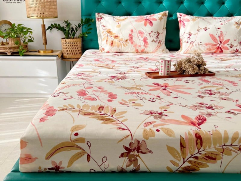 COSYHUGS Multicolor Floral Print Bedsheet Double Bed Queen Size Set of 1 3 Piece 144 TC 100 Percent Cotton 90x100 Inches Soft Cozy Breathable All Season Easy Care Two Pillow Covers Lightweight - Image 1