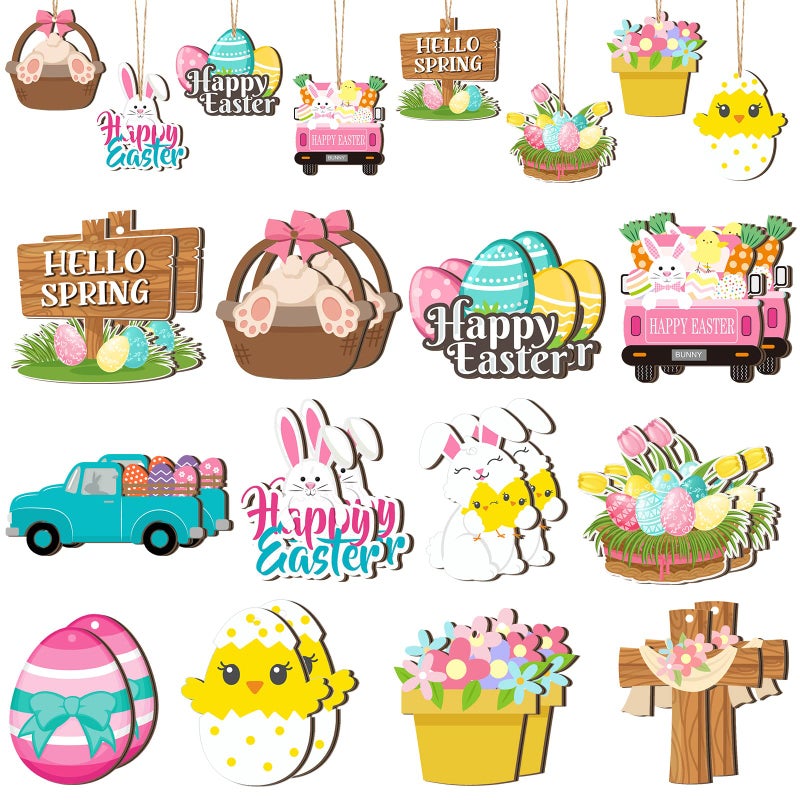 Marsui 24 Pcs Easter Ornaments for Tree Happy Easter Wooden Hanging Ornaments Egg Bunny Spring Tree Decorations Gnome Chick Wood Slices Pendant with Rope for Home Spring Party DecorEgg