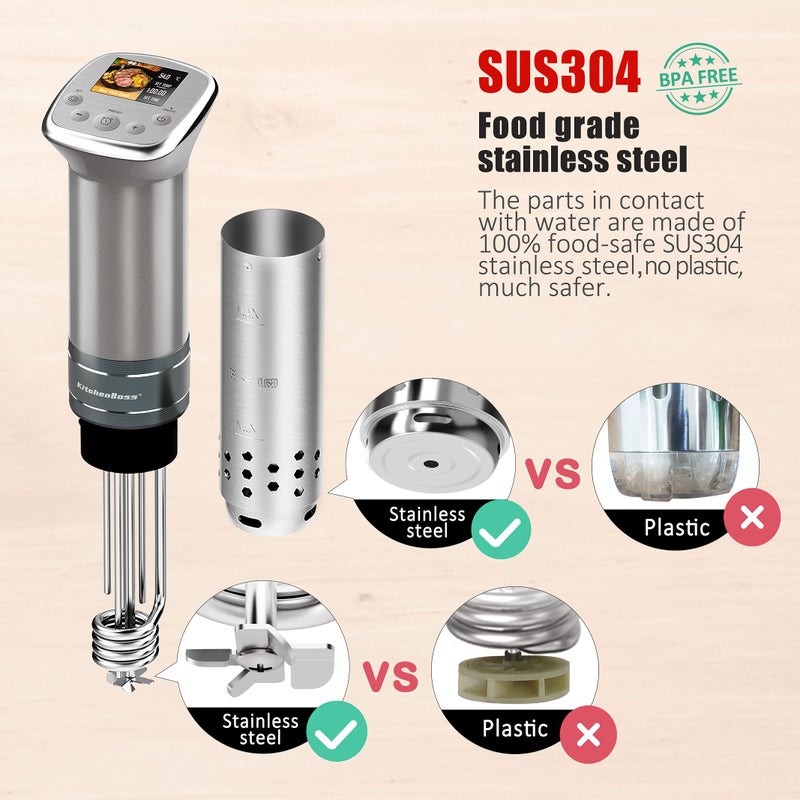 KitchenBoss Sous Vide Cooker Machine: Ultra-Quiet Built-in TFT Recipes IPX7 Waterproof circulator cooker Brushless DC motor 1100 Watts Immersion Circulator Sous-vide Cooking Machine G321, Silver - Image 5