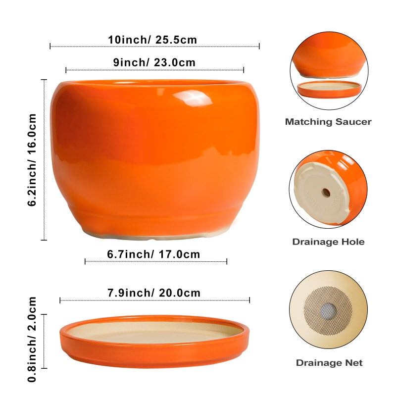 SQOWL Ceramic Planter - 10 Inch Plant Pot with Drainage Hole and Saucer, Round Modern Planter for Indoor Outdoor Plants, Decorative Large Flower Pot, House Decor, Gifts for Women Men, Orange - Image 3