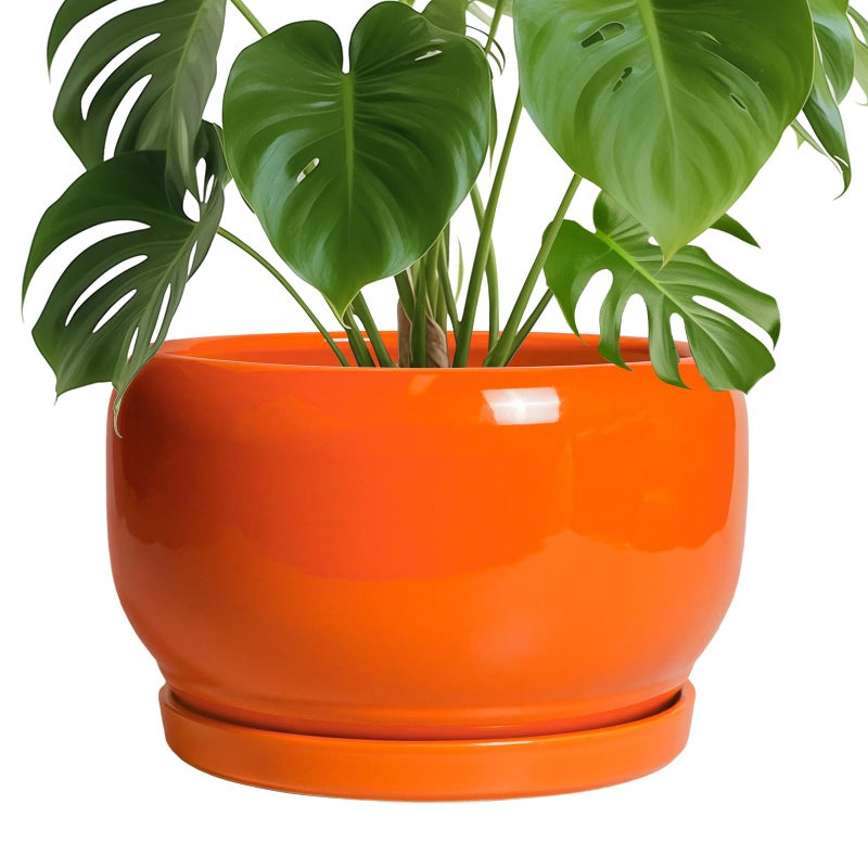 SQOWL Ceramic Planter - 10 Inch Plant Pot with Drainage Hole and Saucer, Round Modern Planter for Indoor Outdoor Plants, Decorative Large Flower Pot, House Decor, Gifts for Women Men, Orange - Image 1