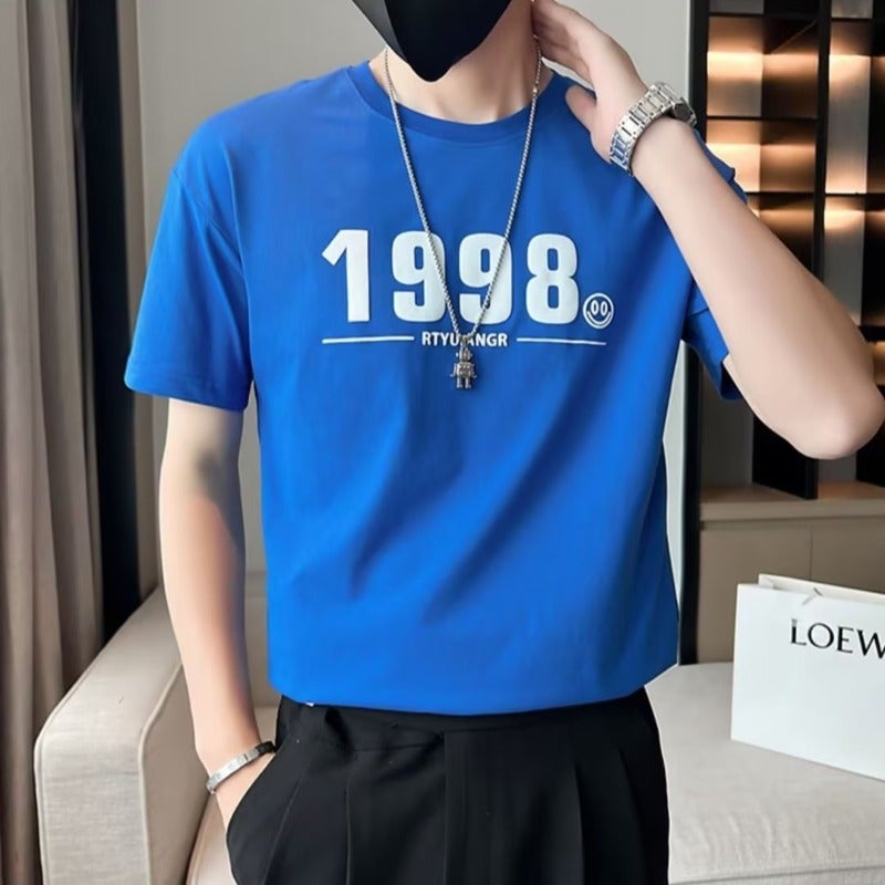 2023 short sleeve men's net Red fashion brand loose top design men's handsome half sleeve summer white T-shirt - Image 1