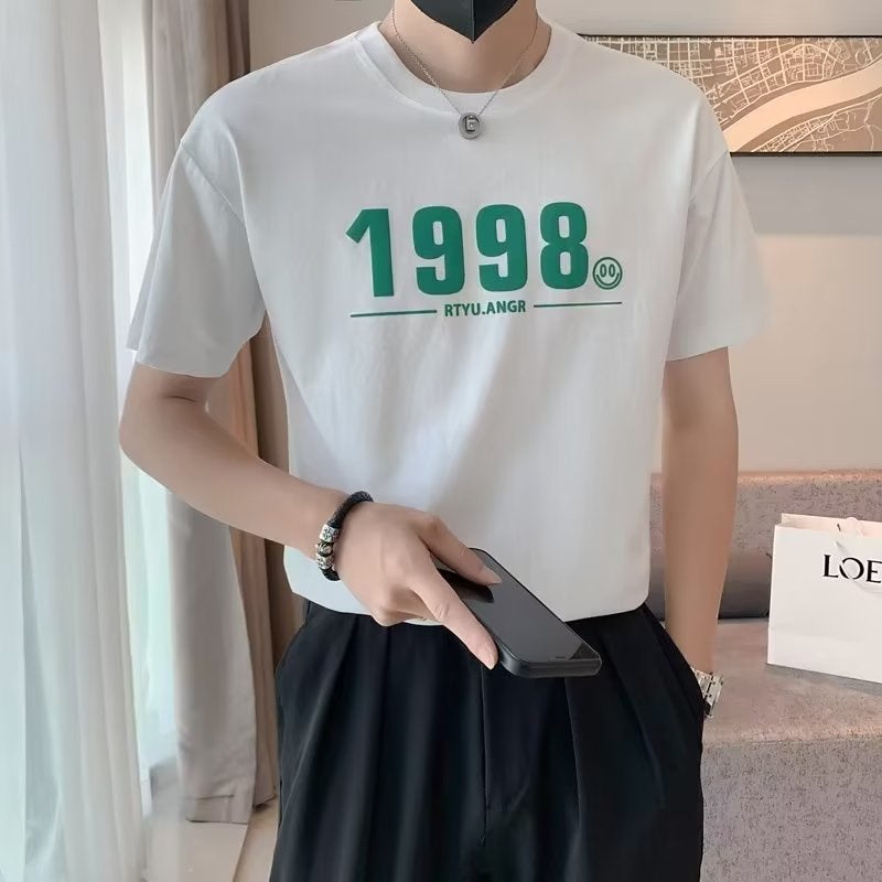 2023 short sleeve men's net Red fashion brand loose top design men's handsome half sleeve summer white T-shirt - Image 5