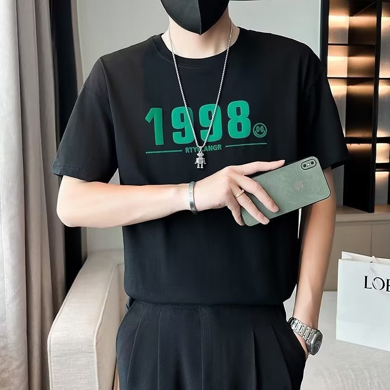 2023 short sleeve men's net Red fashion brand loose top design men's handsome half sleeve summer white T-shirt - Image 2