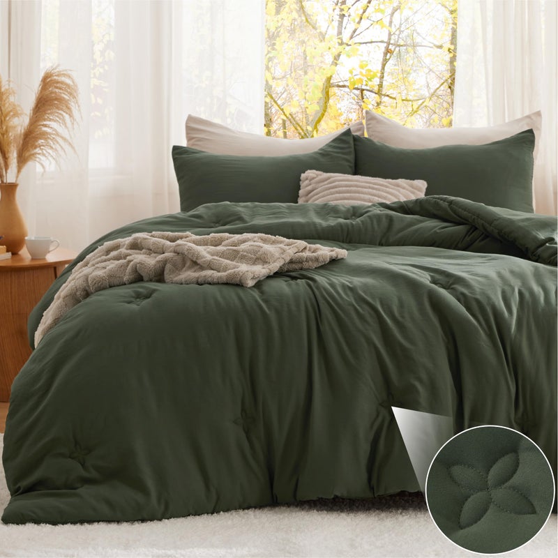 Bedsure King Size Comforter Set Olive Green, Soft Prewashed King Bedding, Quilted Comforter with Clover Design, Down Alternative Comforter for All Seasons, 3 Pieces Bed Set with 2 Pillow Shams - Image 1