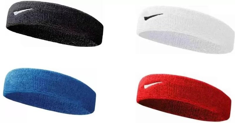 STEFFER رباط رأس رياضي من قطن ستيفر للرجال والنساء - رباط رأس رياضي للتمارين والجري، تمارين الصالة الرياضية، رباط عرق اليوغا - رباط رأس لجميع الرياضات، حزمة من 4 (أسود، أبيض، أزرق وأحمر) - Image 1