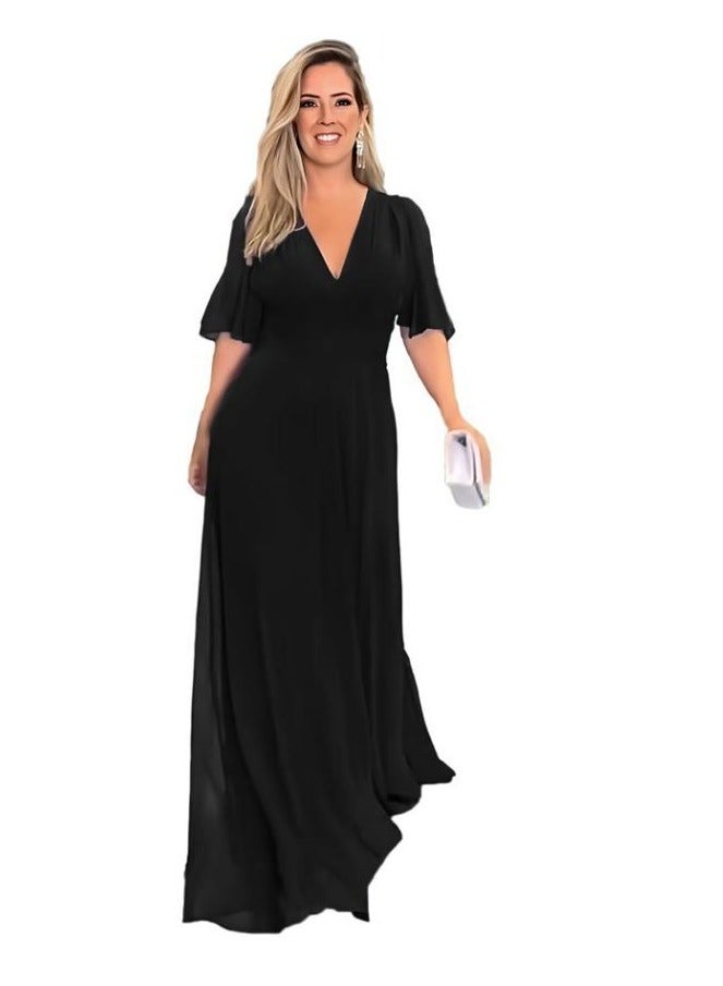 Nariele فستان شيفون جديد عصري بفتحة رقبة على شكل حرف V ولون سادة وأكمام طويلة - Image 1