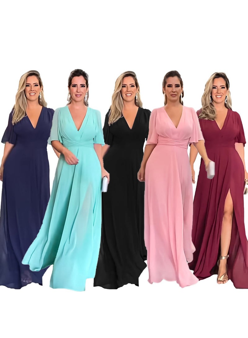 Nariele فستان شيفون جديد عصري بفتحة رقبة على شكل حرف V ولون سادة وأكمام طويلة - Image 2