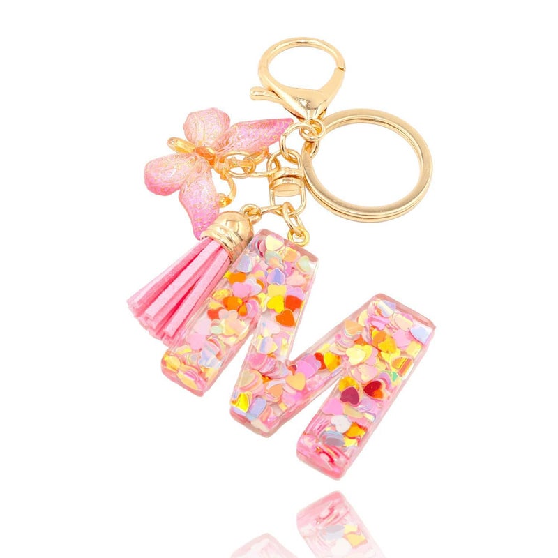 YINANLIN Initial Letter Keychain Cute Keychain Butterfly Pink Sequins Alphabet Resin Name Tassel Keychain for Mother's Gift (Pink-M) - Image 1