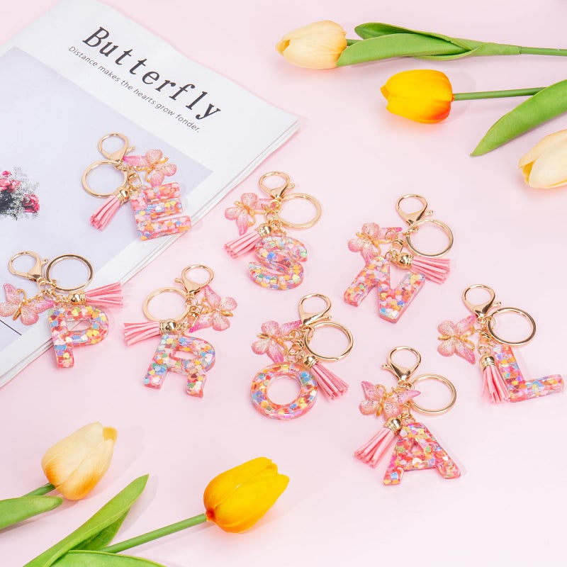 YINANLIN Initial Letter Keychain Cute Keychain Butterfly Pink Sequins Alphabet Resin Name Tassel Keychain for Mother's Gift (Pink-M) - Image 2