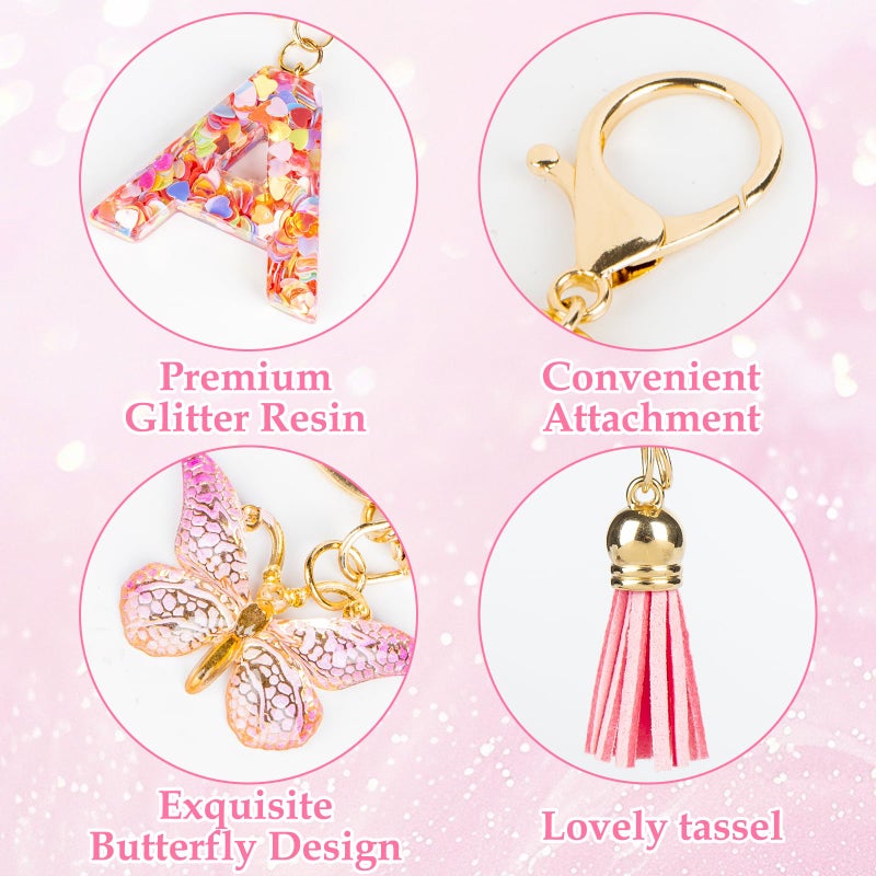 YINANLIN Initial Letter Keychain Cute Keychain Butterfly Pink Sequins Alphabet Resin Name Tassel Keychain for Mother's Gift (Pink-M) - Image 5