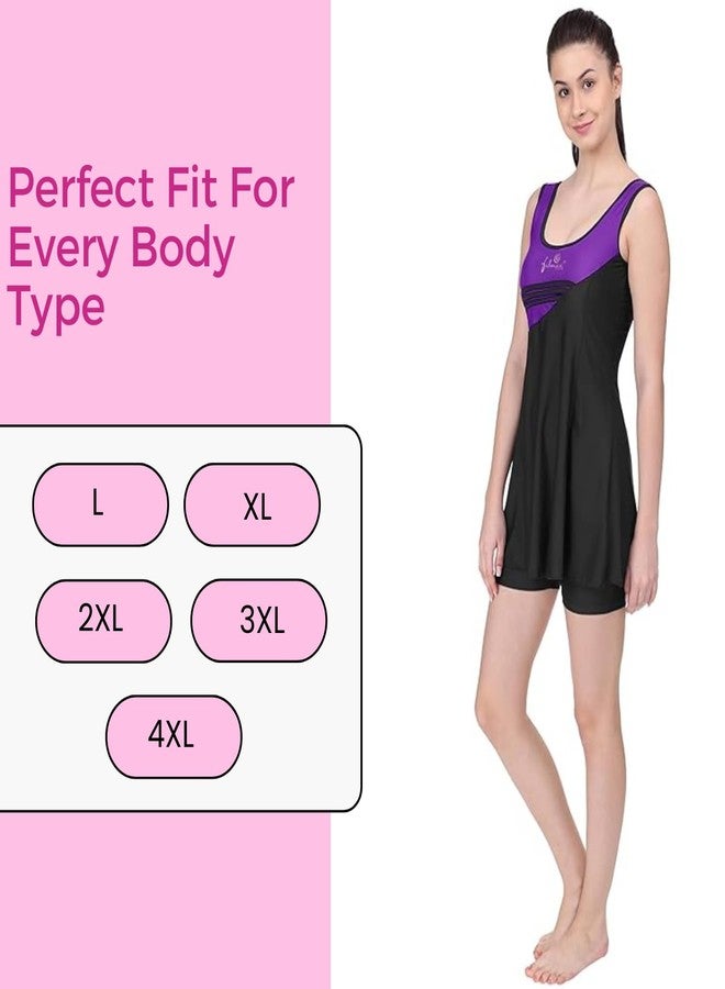 FILMAX® Originals Swimming Costume for Women's One-Piece Beach Wear Sleeveless with Skirted Boy Legs Jammer Swim Dress (Purple-Black_4XL) - Image 3