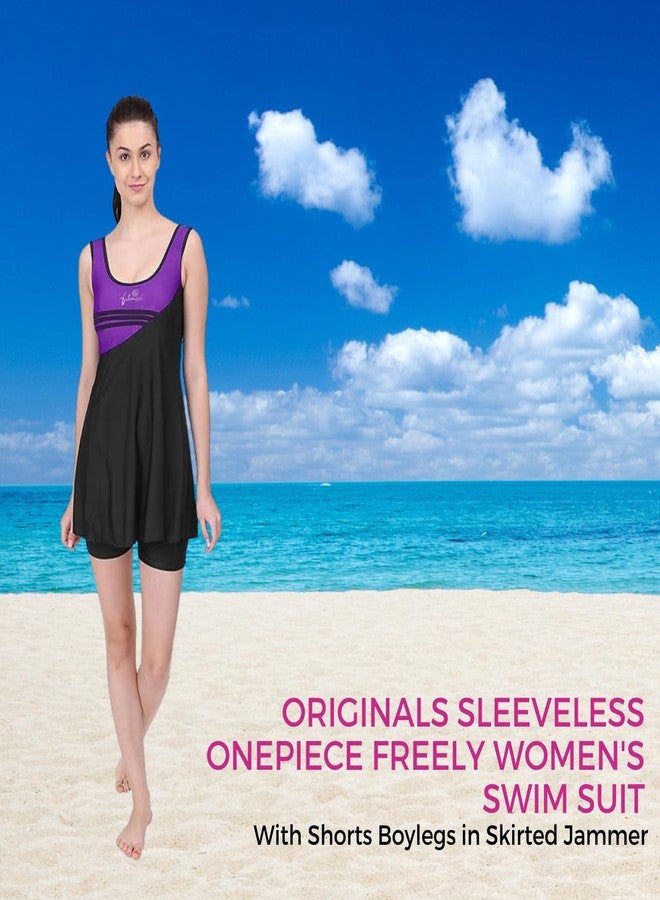 FILMAX® Originals Swimming Costume for Women's One-Piece Beach Wear Sleeveless with Skirted Boy Legs Jammer Swim Dress (Purple-Black_4XL) - Image 2