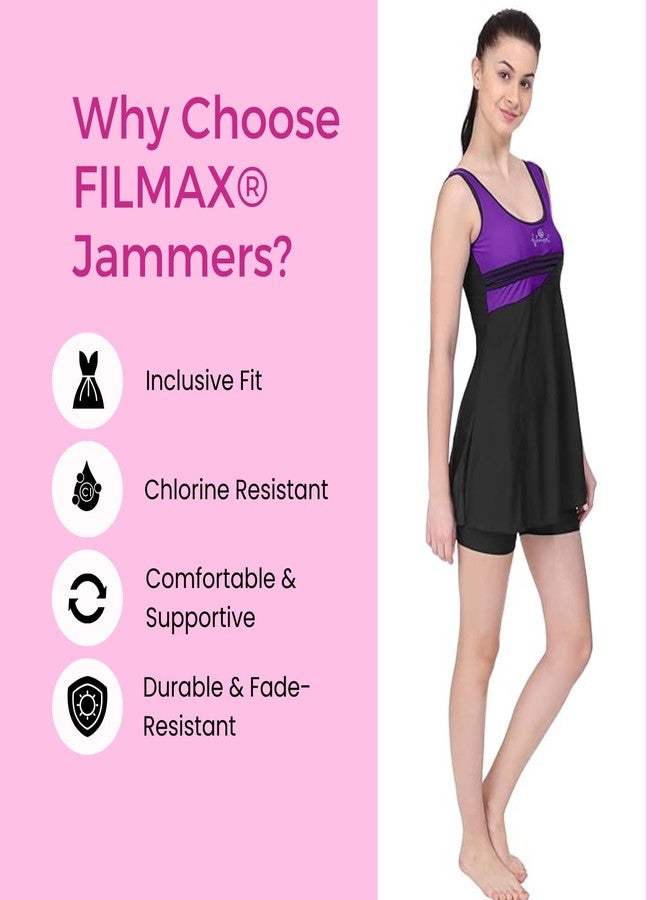 FILMAX® Originals Swimming Costume for Women's One-Piece Beach Wear Sleeveless with Skirted Boy Legs Jammer Swim Dress (Purple-Black_4XL) - Image 5