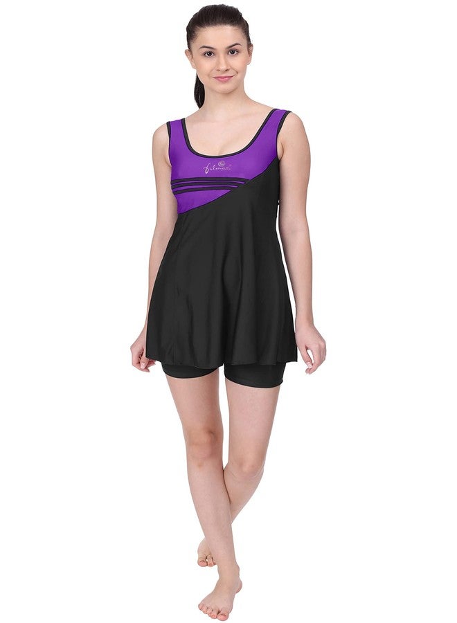 FILMAX® Originals Swimming Costume for Women's One-Piece Beach Wear Sleeveless with Skirted Boy Legs Jammer Swim Dress (Purple-Black_4XL) - Image 1