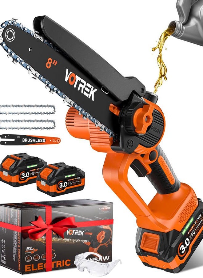 VOTREK 8 inch Mini Chainsaw Cordless with 2x3.0AH Batteries - Powerful Brushless Electric Handheld Small Chain Saw for Wood Cutting, Tree Trimming & Branch Cutting, Auto Oiler & Tool-Free Tensioner - Image 1