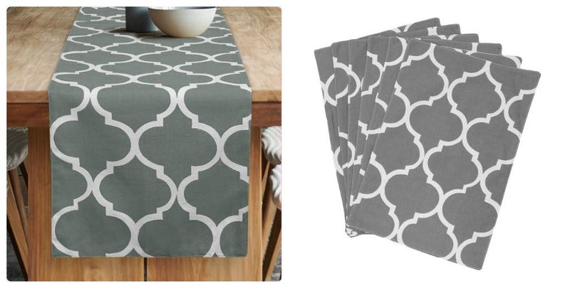Dekor World Ogee Printed Grey Table Runner with 6 Pcs Place Mat (33x180cm/33x47cm) (Pack of 7 Pcs)-6 Seater Dinning & Center Table - Image 1