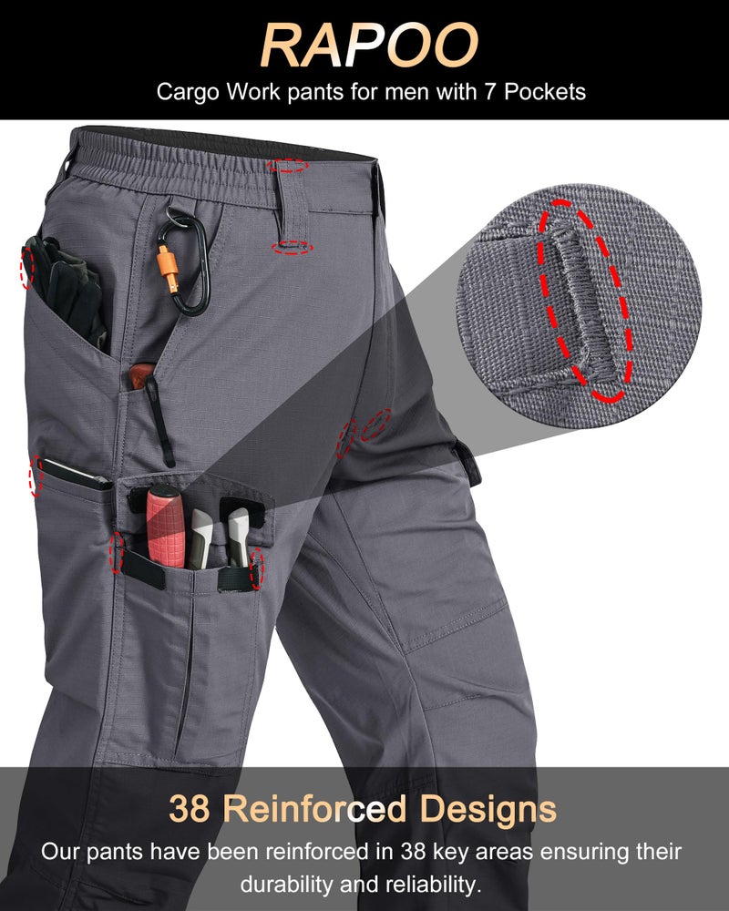 Rapoo Tactical Pants for Men Cargo Hiking Working Pants for Men with Pockets Mens Pants Grey 34Wx30L - Image 2