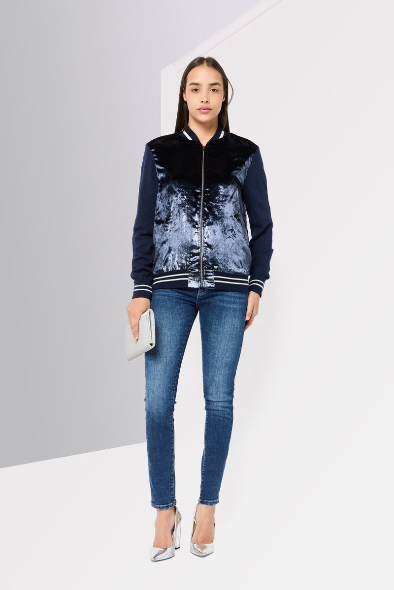 Women Textured Bomber Shirt, Navy Blue