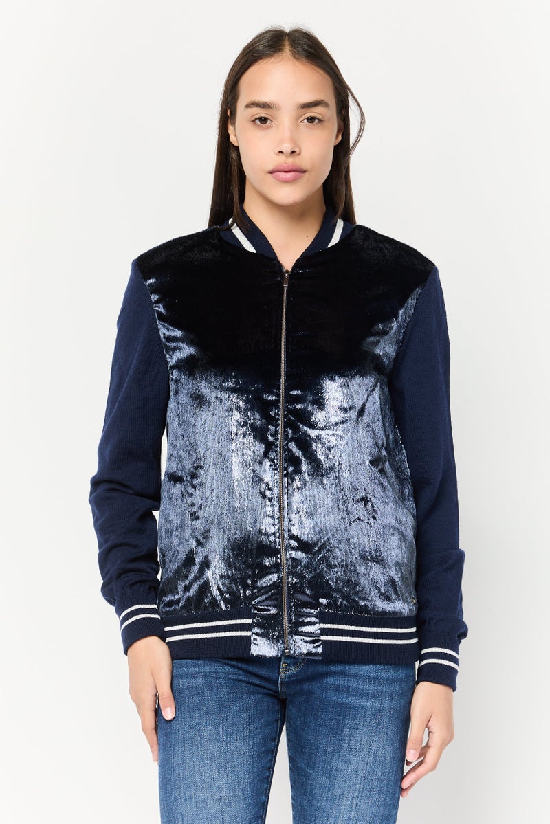 Women Textured Bomber Shirt, Navy Blue
