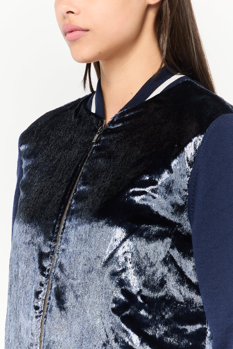 Women Textured Bomber Shirt, Navy Blue