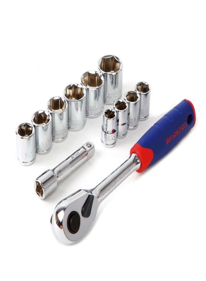 WORKPRO WP202557 | 12 Pc 3/8" Drive Socket Set | CR-V Steel Sockets | 10–22mm Metric Sizes | Ratchet Handle & Extension Bar | Polish Chrome Finish | DIY & Professional Use - Image 1