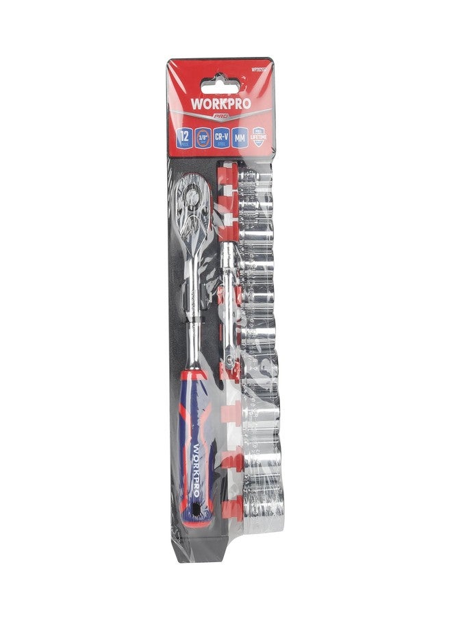 WORKPRO WP202557 | 12 Pc 3/8" Drive Socket Set | CR-V Steel Sockets | 10–22mm Metric Sizes | Ratchet Handle & Extension Bar | Polish Chrome Finish | DIY & Professional Use - Image 5