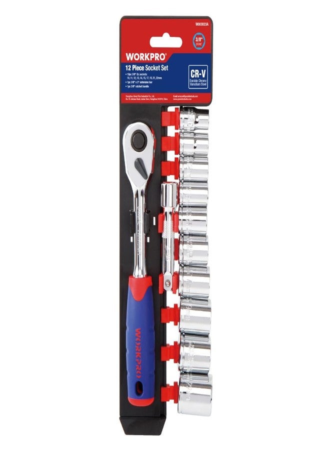 WORKPRO WP202557 | 12 Pc 3/8" Drive Socket Set | CR-V Steel Sockets | 10–22mm Metric Sizes | Ratchet Handle & Extension Bar | Polish Chrome Finish | DIY & Professional Use - Image 4