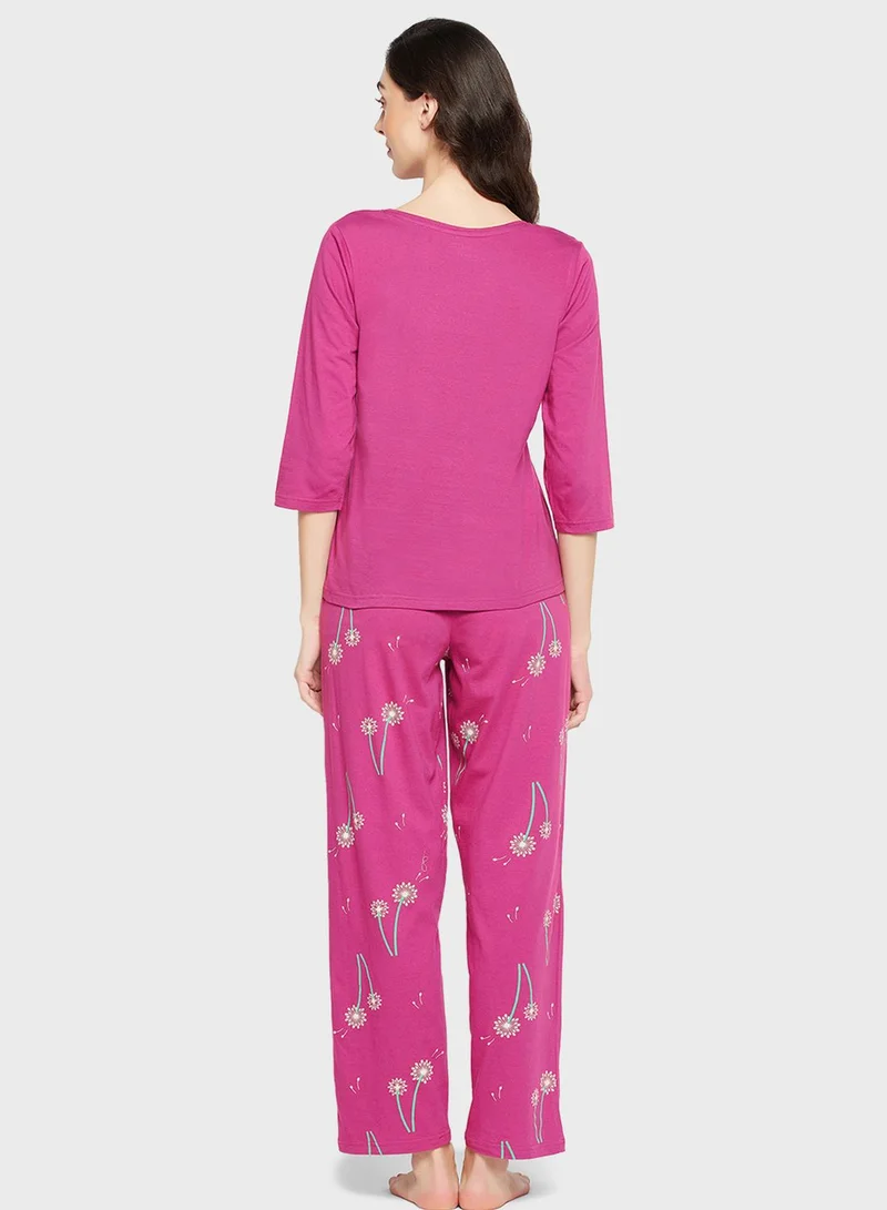 Clovia Crew Neck Graphic Top & Printed Pyjama Set