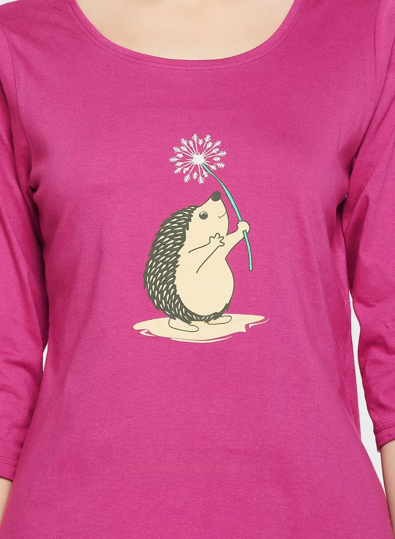 Clovia Crew Neck Graphic Top & Printed Pyjama Set