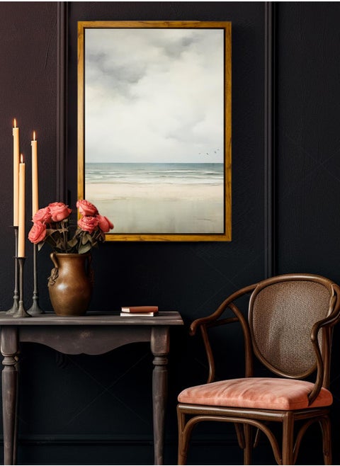 Canvas Wall Art Stretched Over Wooden Frame with Wooden Color Floating Frame and Vintage Style Beach View Abstract Painting