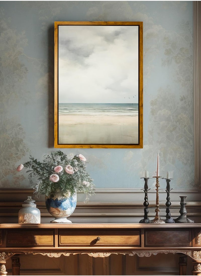 Canvas Wall Art Stretched Over Wooden Frame with Wooden Color Floating Frame and Vintage Style Beach View Abstract Painting
