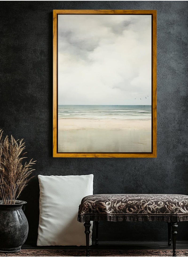 Canvas Wall Art Stretched Over Wooden Frame with Wooden Color Floating Frame and Vintage Style Beach View Abstract Painting