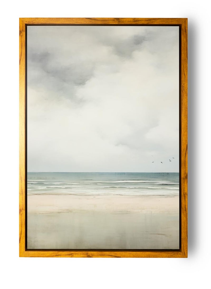 Canvas Wall Art Stretched Over Wooden Frame with Wooden Color Floating Frame and Vintage Style Beach View Abstract Painting