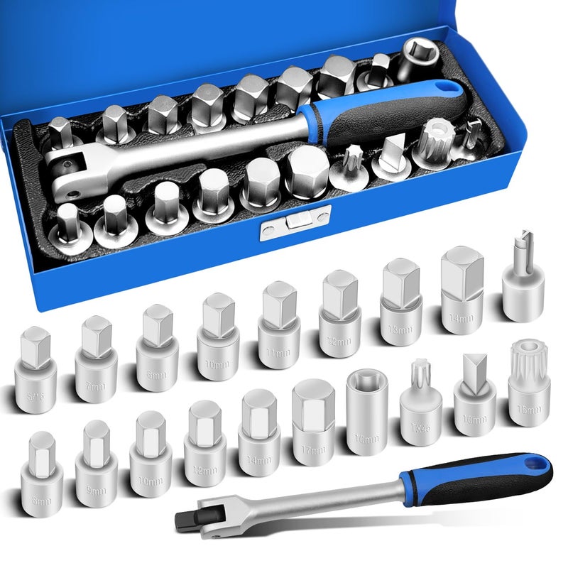JEUCLEL 20PCS 3/8" Drive Oil Drain Sump Plug Key Set, Drain Plug Socket Set, Gearbox Hex Square Triangle Torx Spline Socket Set, Engine Repair Mechanic tool - Image 1