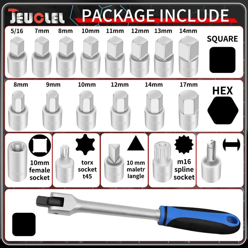 JEUCLEL 20PCS 3/8" Drive Oil Drain Sump Plug Key Set, Drain Plug Socket Set, Gearbox Hex Square Triangle Torx Spline Socket Set, Engine Repair Mechanic tool - Image 2