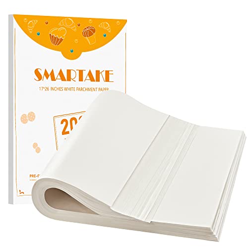 SMARTAKE 200 Pcs Parchment Paper Baking Sheets 17x26 Inch NonStick Precut Baking Parchment Suitable for Baking Grilling Air Fryer Steaming Bread Cup Cake Cookie and More White