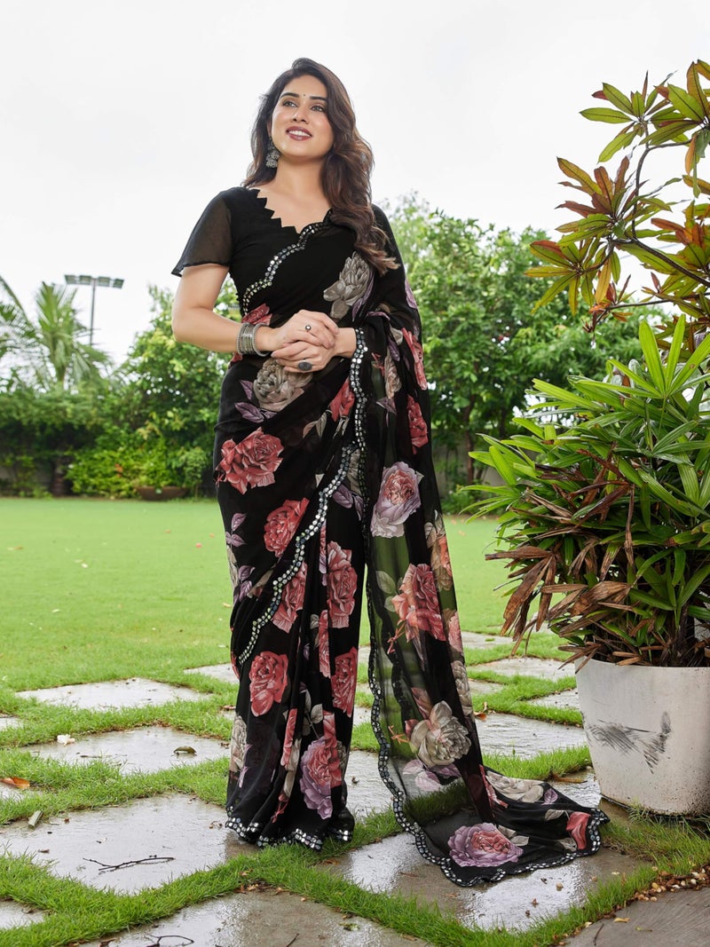 Shiv Textiles Women's Georgette Floral Printed & Mirror Work Saree(VND-609-RED) - Image 2