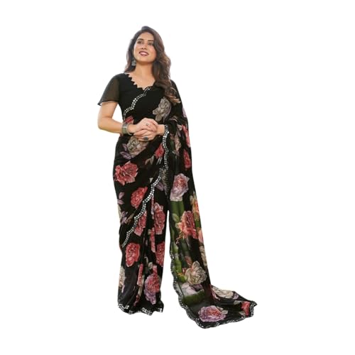 Shiv Textiles Women's Georgette Floral Printed & Mirror Work Saree(VND-609-RED) - Image 1