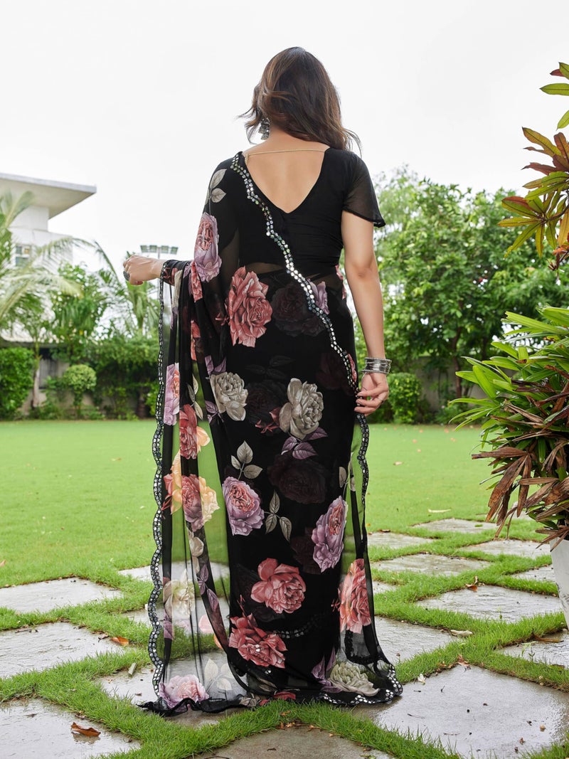 Shiv Textiles Women's Georgette Floral Printed & Mirror Work Saree(VND-609-RED) - Image 4