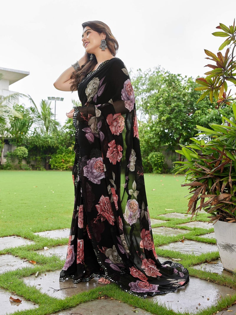 Shiv Textiles Women's Georgette Floral Printed & Mirror Work Saree(VND-609-RED) - Image 3