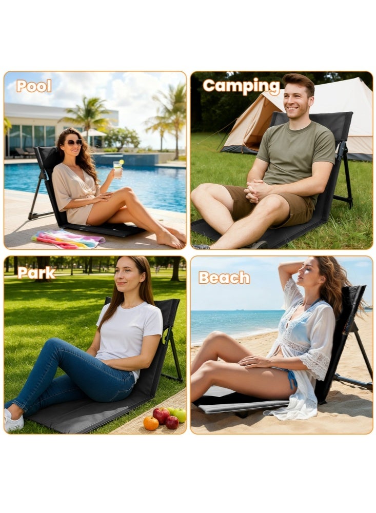 GGEROU 2 قطع كرسي قابل للطي محمول للاستلقاء على الشاطئ في الهواء الطلق كرسي حديقة كرسي شاطئ محمول قابل للطي للبالغين مع مسند ظهر قابل للتعديل أسود - Image 4